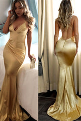 Simple Gold Spaghetti Straps Ruffles Backless Prom Dress Simple Gold Spaghetti Straps Ruffles Backless Prom Dress
