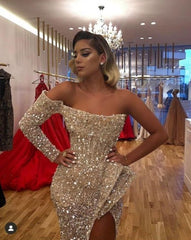 Sparkly Silver Sequins One Shoulder Side Slit Ruffles Prom Dress Sparkly Silver Sequins One Shoulder Side Slit Ruffles Prom Dress