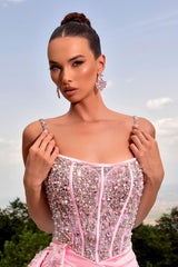 Split Front Pink Spaghetti Straps Floor Length Draped Mermaid Prom Dress with Beads Split Front Pink Spaghetti Straps Floor Length Draped Mermaid Prom Dress with Beads