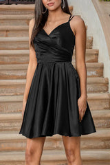 A-line V-neck satin pleated short Homecoming dress A-line V-neck satin pleated short Homecoming dress