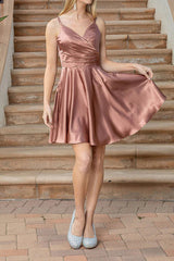 A-line V-neck satin pleated short Homecoming dress A-line V-neck satin pleated short Homecoming dress