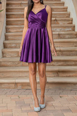 A-line V-neck satin pleated short Homecoming dress A-line V-neck satin pleated short Homecoming dress