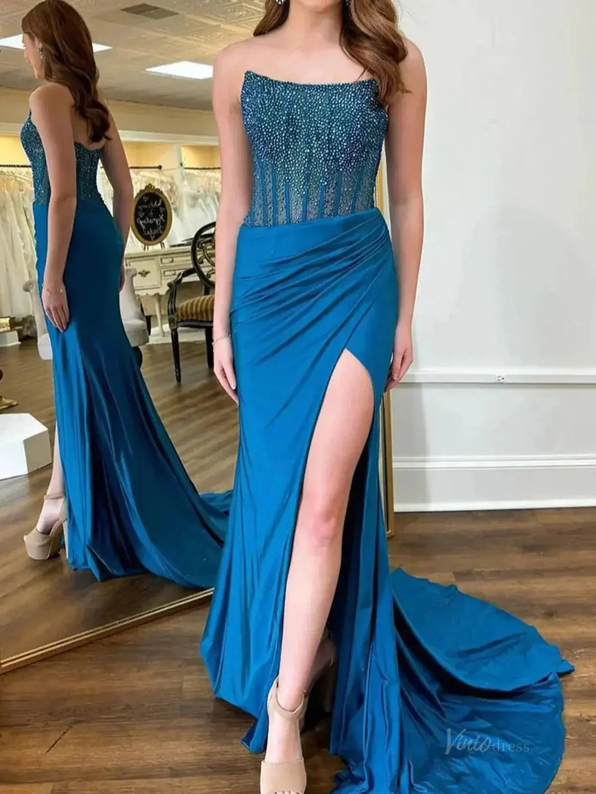 Strapless Mermaid Prom Dresses Beaded Bow-Tie Evening Dresses 21278 main image 1