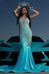 Trendy Blue Mermaid Sleeveless Crystal Sexy Prom Dress Trendy Blue Mermaid Sleeveless Crystal Sexy Prom Dress