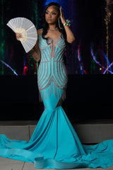 Trendy Blue Mermaid Sleeveless Crystal Sexy Prom Dress Trendy Blue Mermaid Sleeveless Crystal Sexy Prom Dress