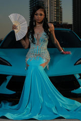 Trendy Blue Mermaid Sleeveless Crystal Sexy Prom Dress Trendy Blue Mermaid Sleeveless Crystal Sexy Prom Dress