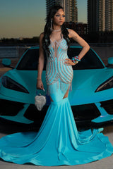 Trendy Blue Mermaid Sleeveless Crystal Sexy Prom Dress Trendy Blue Mermaid Sleeveless Crystal Sexy Prom Dress