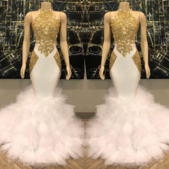 White And Gold Halter Sleeveless Appliques Ruffles Prom Dress White And Gold Halter Sleeveless Appliques Ruffles Prom Dress