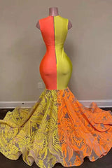 Yellow and Orange Mermaid Lace Sleeveless Prom Dress Yellow and Orange Mermaid Lace Sleeveless Prom Dress