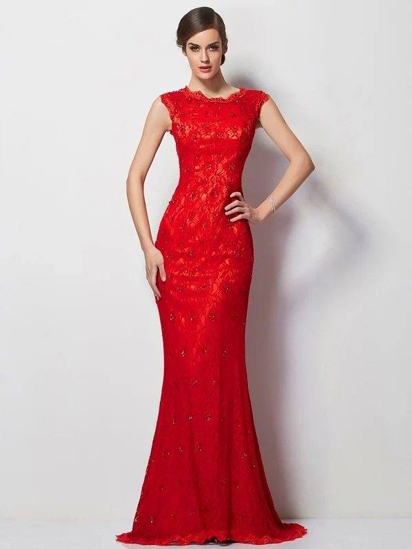 A-Line/Princess Scoop Short Sleeves Applique Long Lace Dresses - RongMoon