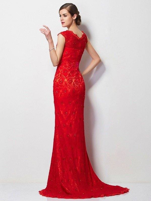 A-Line/Princess Scoop Short Sleeves Applique Long Lace Dresses - RongMoon A-Line/Princess Scoop Short Sleeves Applique Long Lace Dresses - RongMoon