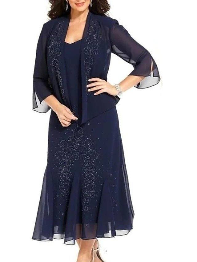 Sheath / Column Mother of the Bride Dress Sexy Bateau Neck Ankle Length Chiffon Long Sleeve with Lace - RongMoon Sheath / Column Mother of the Bride Dress Sexy Bateau Neck Ankle Length Chiffon Long Sleeve with Lace - RongMoon
