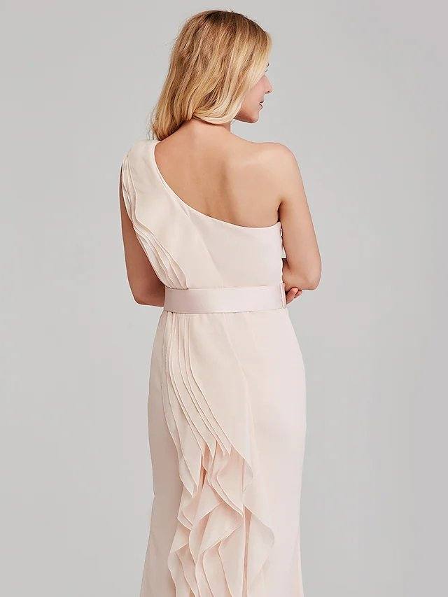 Sheath / Column One Shoulder Long Length Chiffon Bridesmaid Dress with Cascading Ruffles - RongMoon Sheath / Column One Shoulder Long Length Chiffon Bridesmaid Dress with Cascading Ruffles - RongMoon