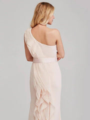 Sheath / Column One Shoulder Long Length Chiffon Bridesmaid Dress with Cascading Ruffles - RongMoon Sheath / Column One Shoulder Long Length Chiffon Bridesmaid Dress with Cascading Ruffles - RongMoon