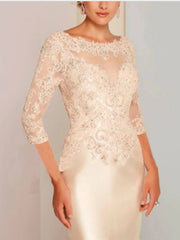 Sheath / Column Mother of the Bride Dress Elegant Jewel Neck Knee Length Charmeuse 3/4 Length Sleeve with Appliques - RongMoon Sheath / Column Mother of the Bride Dress Elegant Jewel Neck Knee Length Charmeuse 3/4 Length Sleeve with Appliques - RongMoon
