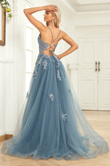 A Line Spaghetti Straps Grey Blue Long Prom Dress with Appliques Sexy