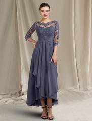 A-Line Mother of the Bride Dress Wedding Guest Elegant High Low Scoop Neck Asymmetrical Satin Lace Short Sleeve with Bow(s) Pleats Appliques