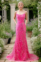 Sparkly Fuchsia Long Appliqued Beaded Prom Dress Sexy