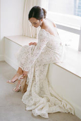 Princess Long Sleeves Mermaid Ivory Lace Wedding Dress