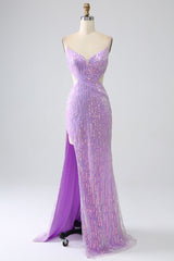 Sparkly Purple Mermaid Spaghetti Straps Sequins Prom Dress with Slit Charming Evening Party Dress
