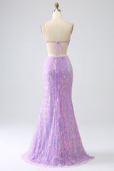 Sparkly Purple Mermaid Spaghetti Straps Sequins Prom Dress with Slit Charming Evening Party Dress