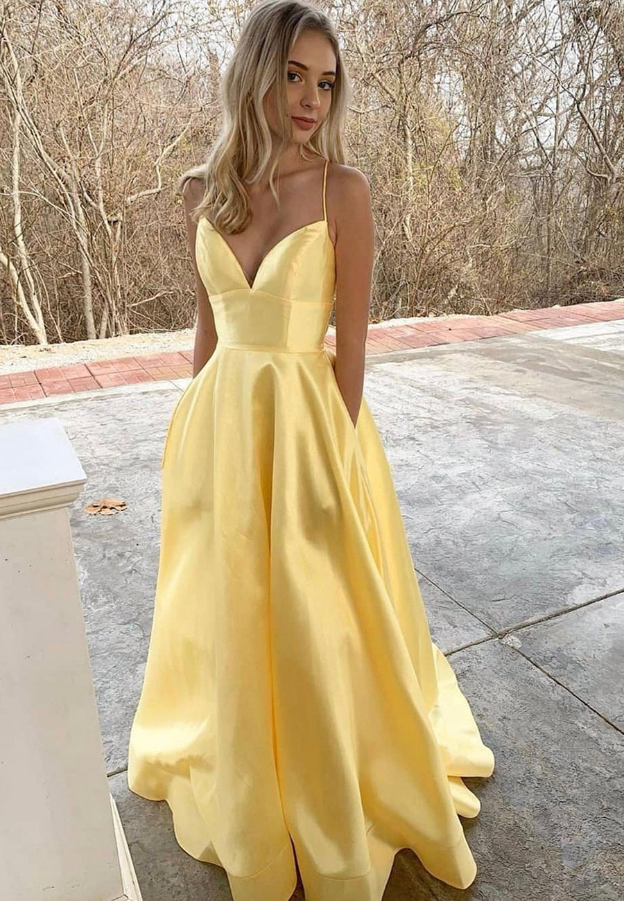 Yellow Satin Long Prom Dresses, A-Line Backless Evening Dresses
