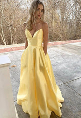 Yellow Satin Long Prom Dresses, A-Line Backless Evening Dresses