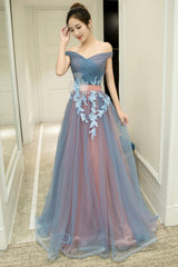 A-Line Tulle Lace Long Prom Dresses, Evening Dresses
