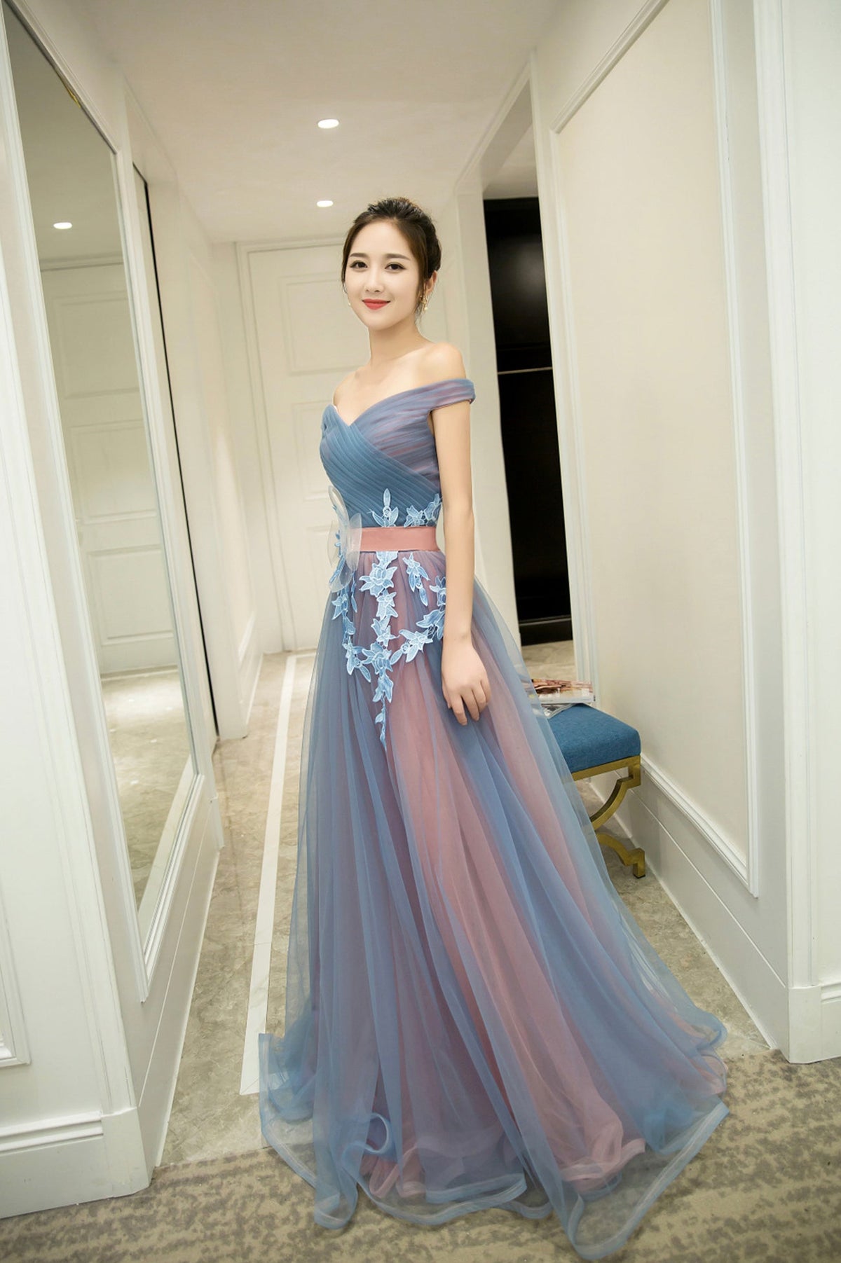 A-Line Tulle Lace Long Prom Dresses, Evening Dresses