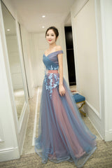 A-Line Tulle Lace Long Prom Dresses, Evening Dresses