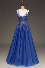 A Line Royal Blue Long Prom Dress With Appliques Sexy