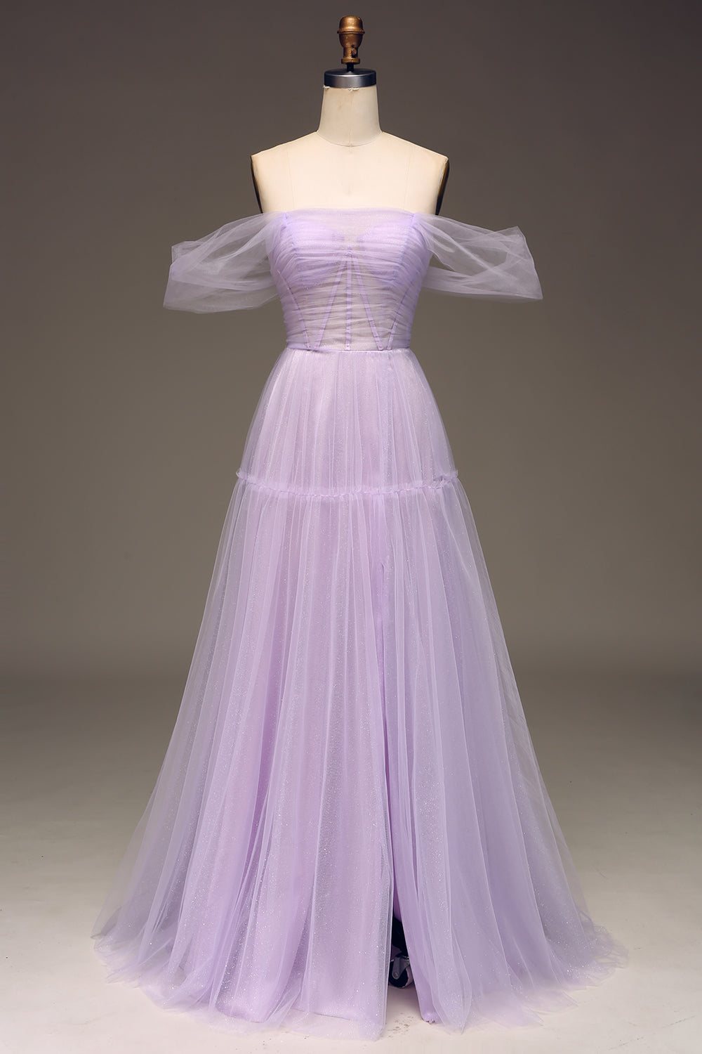 Lilac A Line Long Corset Prom Dress Off Shoulder