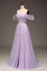 Lilac A Line Long Corset Prom Dress Off Shoulder