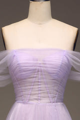 Lilac A Line Long Corset Prom Dress Off Shoulder