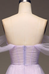 Lilac A Line Long Corset Prom Dress Off Shoulder