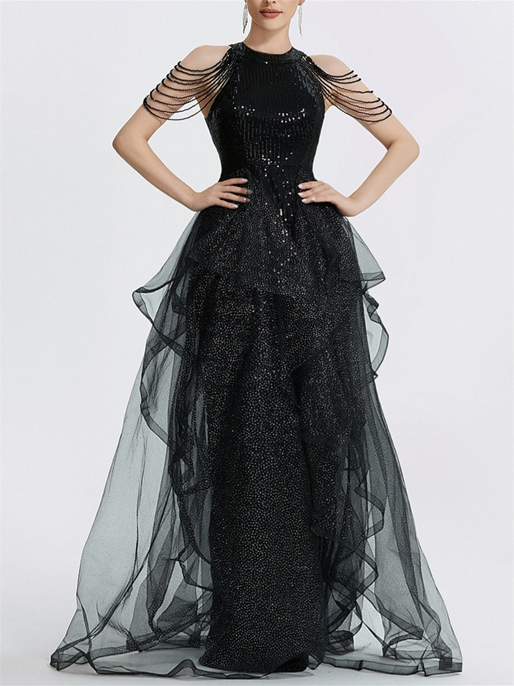 A-Line/Princess Halter Long Prom Dresses With Ruffles & Sequins Sparkly