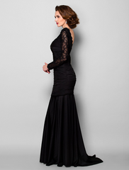 Mother of the Bride Dress Beautiful Back Lace Jersey Long Sleeve with Lace Ruched Beading