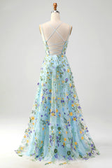 A Line Spaghetti Straps Front Slit Tulle Applique Long Prom Dress With Embroidery With Flowers