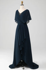 A-Line V-Neck Asymmetrical Sequins Mother of the Bride Dress With Beading
