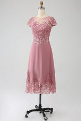 A-Line Scoop Illusion Tea-Length Mother of the Bride Dress With Sequins