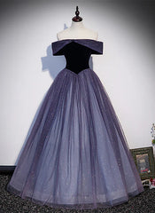 Sparkling Purple Gradient Tulle Off Shoulder A-line Purple Evening Dress Prom Dress