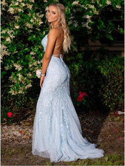 Mermaid Long Lace Light Blue Prom Dresses Spaghetti Straps