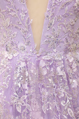 Light Purple Spaghetti Straps Prom Dress With Appliques V-neck Sexy