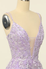 Light Purple Spaghetti Straps Prom Dress With Appliques V-neck Sexy