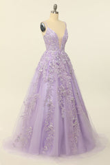 Light Purple Spaghetti Straps Prom Dress With Appliques V-neck Sexy