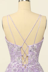 Light Purple Spaghetti Straps Prom Dress With Appliques V-neck Sexy