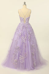 Light Purple Spaghetti Straps Prom Dress With Appliques V-neck Sexy