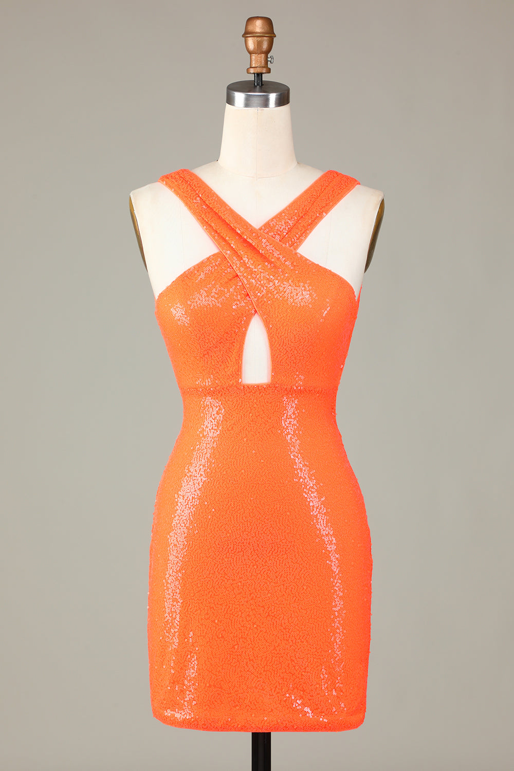 Glitter Orange Halter Backless Sequins Tight Homecoming Dress