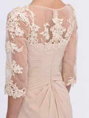 A-Line Mother of the Bride Dress Plus Size Elegant  V Neck Floor Length Chiffon Half Sleeve with Appliques Side Draping