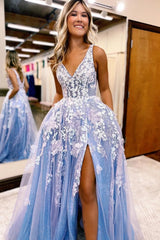 A Line Spaghetti Straps Light Blue Tulle Long Prom Dress With Slit Sexy